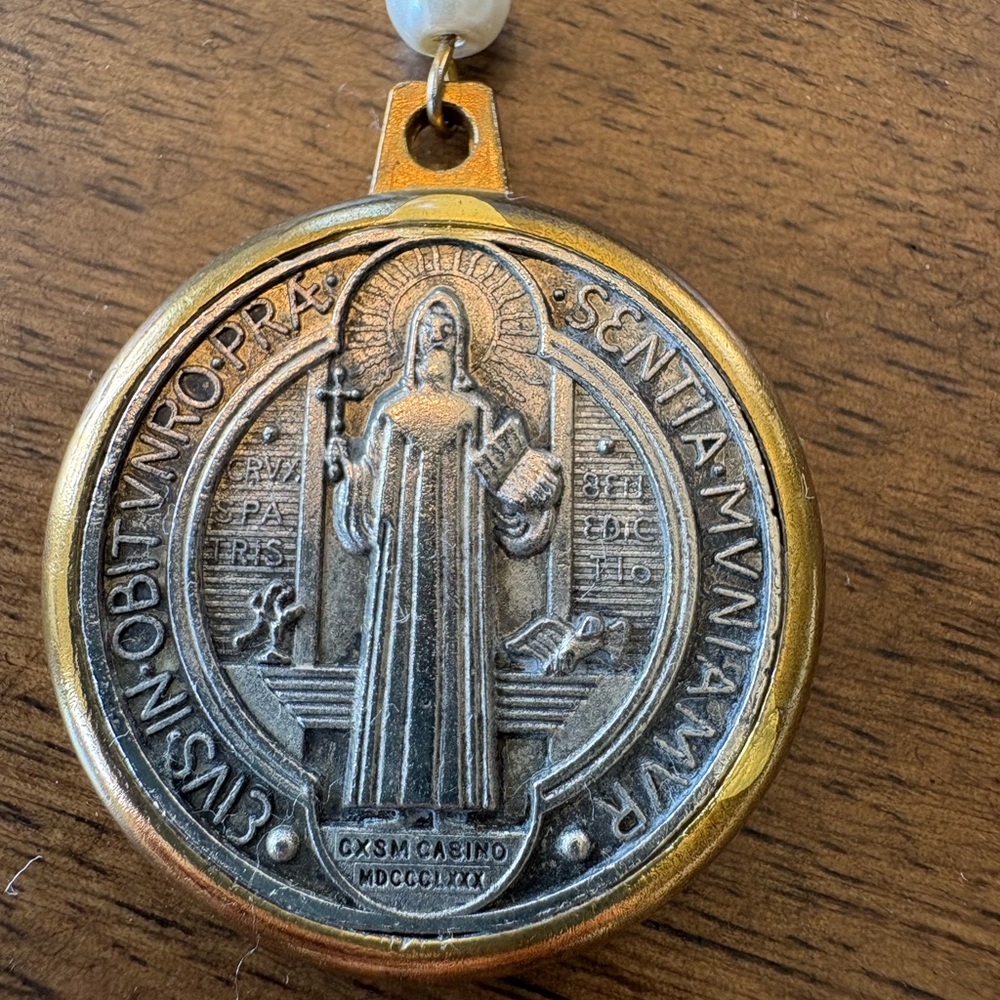 Long Saint Benedict Medallion and Pearl Necklace - Picture 2 of 5